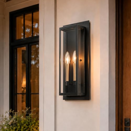 OUPAVOCS Outdoor Wall Light Fixture Exterior, Black Modern Porch Lights Wall Mount, 2-Light Outside Large Outdoor Wall Sconce with Golden Interior, Patio Light Fixture for House, Front Porch, Garage