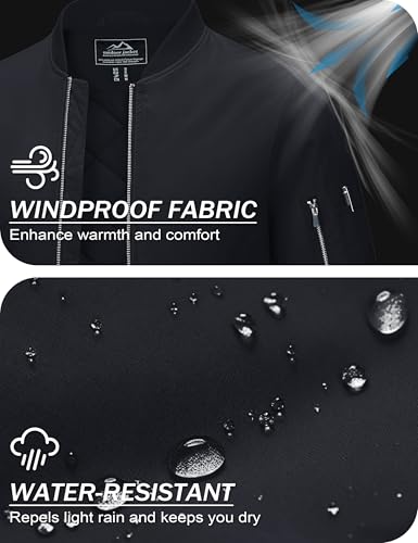 MAGCOMSEN Bomber Jacket - Men's Black Zipper Quilted Coat - Water Repellent - Fall Winter Bubble Hunting Jacket, XXL