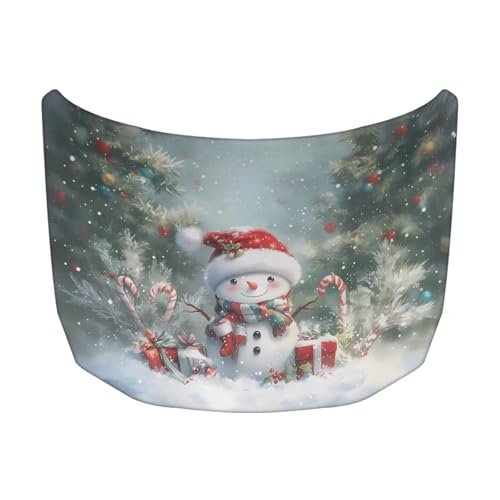 Image of Car Hood Cover Stretchable Auto Hood Wrap Blankets Waterproof Auto Decorative Accessories for Compact Sedans SUV Trucks Van (Christmas Snowman and Christmas Tree Design)