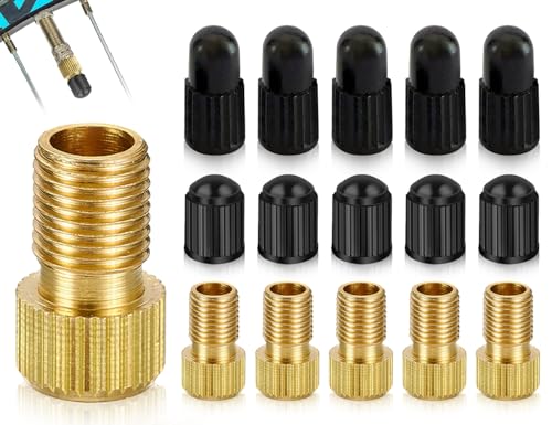 KAPSING Juego de adaptadores de válvula de bicicleta, 5 adaptadores de válvula de latón y 10 tapas de válvula negras, adaptador de válvula para bicicletas, bicicletas eléctricas y patinetes eléctricos