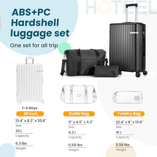 Hoteel Spinner Luggage Sets 3 Piece Carry on Luggage with TSA Lock for Men and Women (4-YEAR WARRANTY), ABS+PC Hard Shell Rolling Carry-on Suit Case for Plane, Travel, Business, Black (20in/DB/TB)2