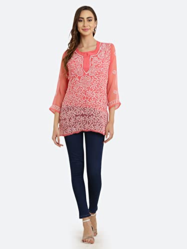 Image of FAWOMENT Women's Pure Georgette Handcrafted Lucknowi Chikankari Embroidery Short Kurti for Office Wear College Party Daily Casual