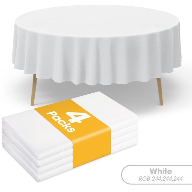 Image of Niuara White Plastic Table Cloth - 4 Pack 84 inch Round Disposable Tablecloths for Round Tables, Table Cover for Holiday Parties & Gatherings