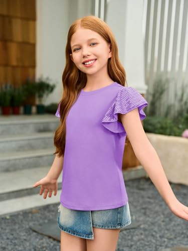 Image of Haloumoning Girls Ruffle Short Sleeve T Shirts Sequin Casual Cute Crewneck Tops