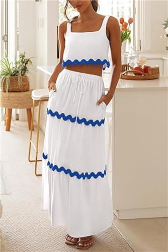 Women Summer 2 Piece Skirt Set Sleeveless Rick Rack Trim Cropped Tank Top Tiered A-line Flowy Maxi Skirt Set4