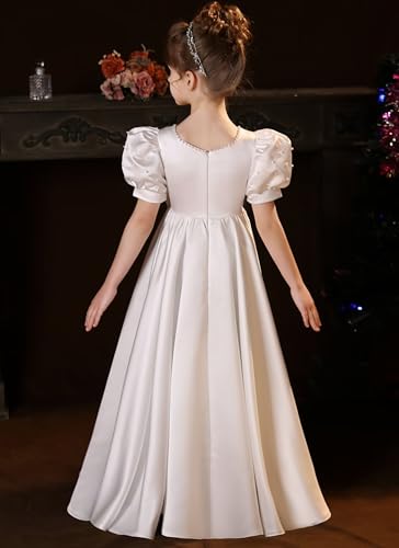 Satin Flower Girl Dresses for Wedding Puff Sleeves First Communion Dress Pearl Girls Ball Gown with Bow3