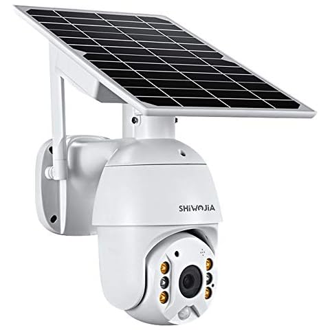 Shiwojia PTZ Outdoor Surveillance Camera with Solar Panel, WLAN Camera with Battery, PIR Human Motion Detection, Colour Night Vision, 2-Way Audio, SD Memory Cover
