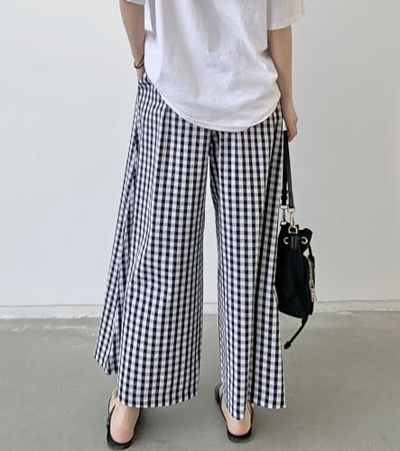 chouyatou Women's Plaid Wide Leg Culotte Pants Gingham High Elastic Waisted Cropped Palazzo Pants with Pockets3