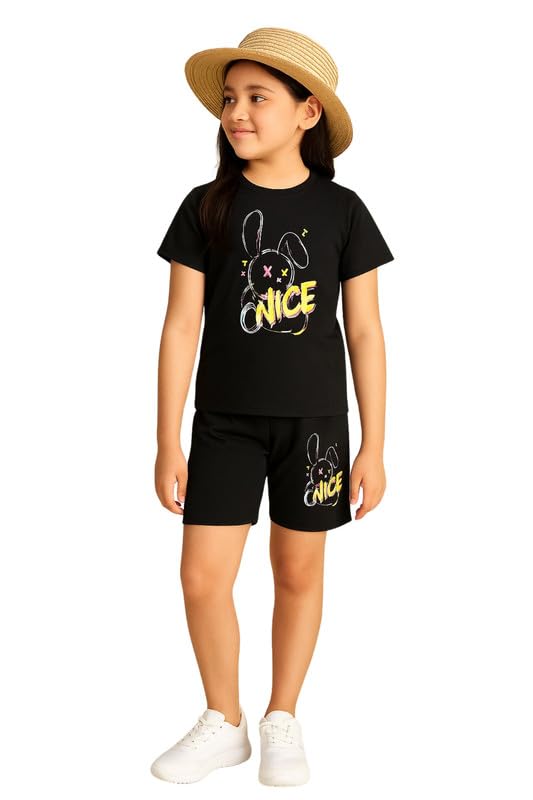 Cotton Half Sleeves Night Suit for Girls | Coord Set with Shorts | Pull-On Style Daywear and Sleepwear | Above Knee Length Soft, Breathable Lounge Set (Black)