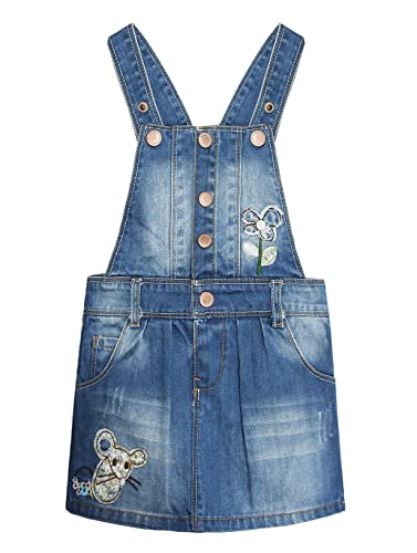 Image of KIDSCOOL SPACE Baby Little Girls Fox Flowers Embroidered Lace Denim Overall Dress