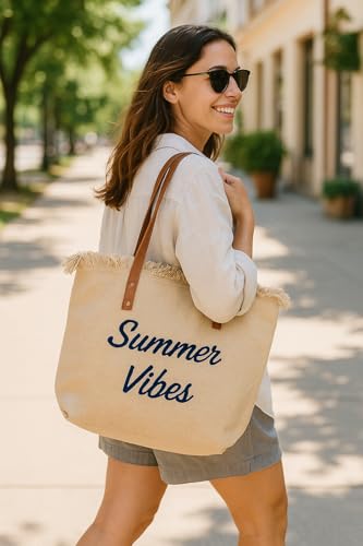 Image of GRECIILOOKS Eco Canvas Boho Tote Bag for Women, Spacious Jute Handbag with Faux Leather Straps, Frayed Edge & Floral Print, Lightweight Shoulder Bag for Beach Travel Shopping Work
