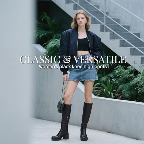 Tscoyuki Women's Knee High Boots, Square Toe Platform Boots - Half Zipper Chunky Heel Tall Boots for Women4