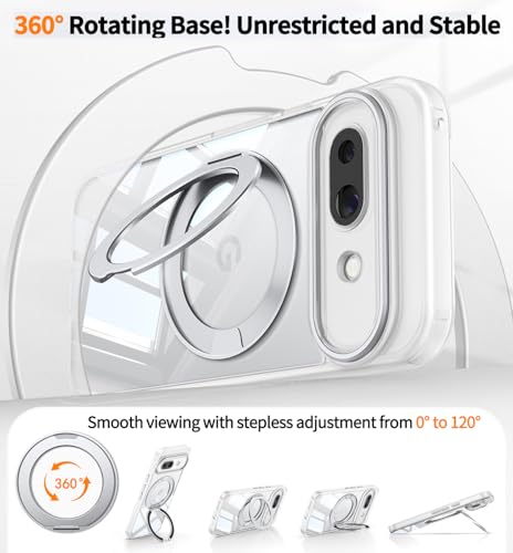 【360° Spin Magnetic Stand】 Case for Google Pixel 9A 【Fit for MagSafe & Pixelsnap】 Cover with Ring Holder 【No-Yellow Crystal Clear】 Camera Protection Phone Google Pixel 9A Case - Clear - Image 4