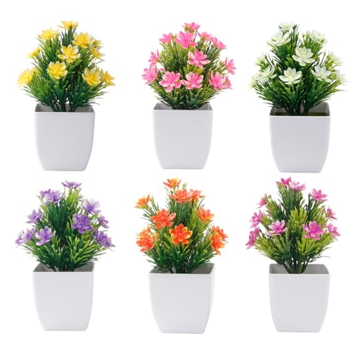 Luckwaii Flores artificiales en maceta, 6 unidades, plantas artificiales en maceta, pequeñas plantas artificiales, como plantas de plástico real, flores falsas, artificiales para decoración de