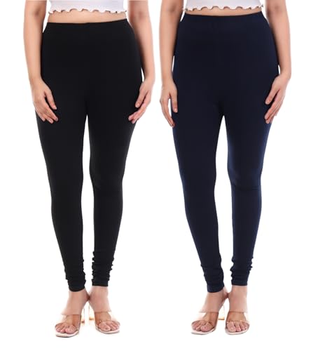 Image of TPF Women Solid Cotton Lycra 4 Way Stretchable Leggings | Combo Pack of 2 Comfortable Churidar-Length Slim Fit Leggings for Women & Girls