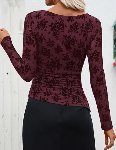 Image of ZESICA Womens Floral Long Sleeve Shirts 2026 Spring Boat Neck Mesh Ruched Tops Fitted Asymmetrical Going Out Blouses