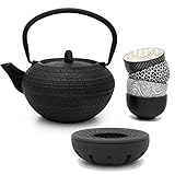 Bredemeijer Schwarze runde gusseiserne Asia Teekanne 1.2 Liter inkl. Filtersieb & 4 PorzellanTeebecher & gusseisernem Teewärmer