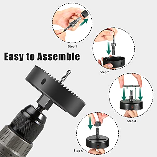 HYCHIKA 19 PCS Hole Saw Kit, 3/4" to 5"(19mm-127mm) Hole Saw Set in Case, Holesaw Multi Tool with 2 Mandrels, 2 Drill Bits, Installation Plate & Hex Key for Soft Wood, PVC Board, Plywood, Drywall - image 3