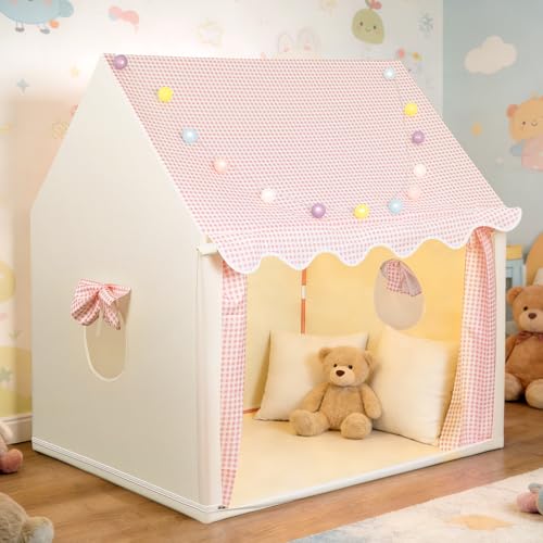 eSynic Tienda de Campaña para Niños Casa de Juegos Infantil con Luces LED Playhouse Montaje Fácil Estructura Metálica Casita Infantil Plegable Interior Exterior para Dormitorio Jardín