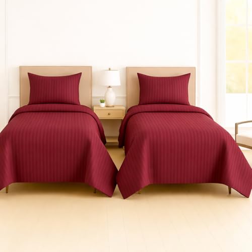 Image of DECOR2ADMIRE 300 Thread Count Premium Glace Cotton Plain Stripe Single Bedsheet with One Pillow Cover (60 inch x 90 inch) (Wine, Pack of 2)