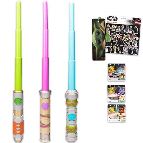 Star Wars Young Jedi Adventures Lightsabers - Bundle with 3 Star Wars Jedi Dueling Lightsabers Featuring Kai Brightstar, Nubs, LYS Solay Plus Stickers, More | Retractable Light Sabers for Kids