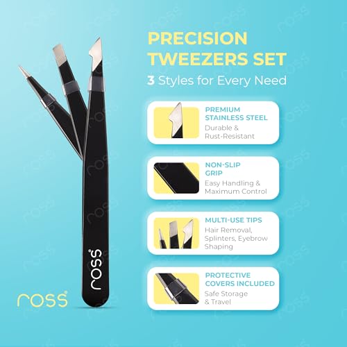 Image of Ross 3PCS Precision Tweezers Set - Stainless Steel Slant, Pointed & Curved Tips - Professional Kit for Eyebrow Shaping, Facial Hair, Ingrown Hair & Splinter Removal, Craft & Beauty Use - Black Finish