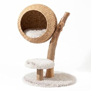 Fudajo Kratzbaum Zweigdesign mit Katzenkorb 83 cm hoch, Designer Katzenkratzbaum mit Liegekorb in Flecht-Optik, Katzenbaum aus Holz mit Plüsch