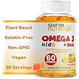 SHIFAA NUTRITION Gelatin Free Kids Omega 3 Gummies w/DHA 30 Servings. Plant-Based Omega 3 for Kids. Gluten Free & Non-GMO DHA Gummies to Support Brain & Immune System