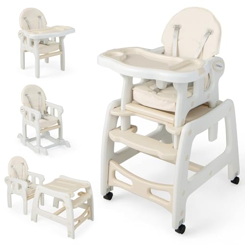 COSTWAY 3 in 1 Babystuhl, Hochstuhl & Essstuhl & Kindersitzgruppe, wandelbarer Babyhochstuhl mit 5-Punkt-Gurt, abnehmbarem Tablett & Sitzkissen & Rückenlehne, für 6-36 Monate, 20 kg belastbar (Beige)
