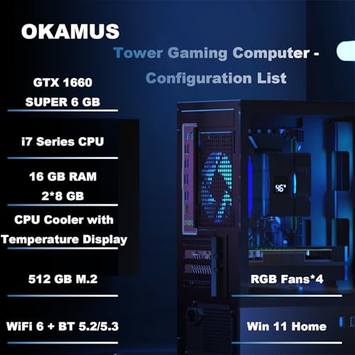 Image of Gaming PC Desktop Computer, i7-6700 CPU Up to 4.0GHz, GTX 1660 Super 6GB GDDR6, 16GB RAM, 512GB M.2 SSD, WiFi 6, BT 5.3, 4 ARGB Fans, Win 11 Home, 400W PSU, Prebuilt Gaming Tower