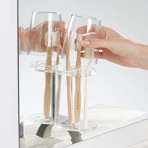 Mdesign Plastic Bathroom Vanity Toothbrush Holder With Cup, Hygienic Dental Storage And Organization Center, Holds And Covers Toothbrushes - Strong Hold, Adhesive Wall Mount, Bpa Free - Clear #TOP7