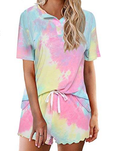 Image of Ekouaer Pajamas Set for Women Short Sleeve Lounge Set 2 Piece Loungewear PJs Soft Cute Lightweight Sleepwear