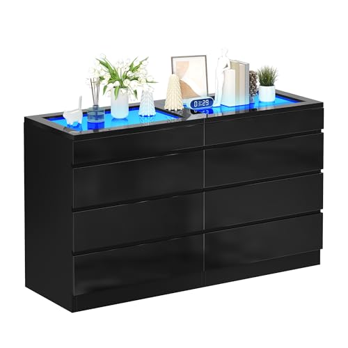 DWVO 8 Drawer Dresser, Black Dresser, Modern 8 Chest of Drawers with Deep Drawers Glass Top High Gloss Surface, Storage Organizer Cabinet for Living Room