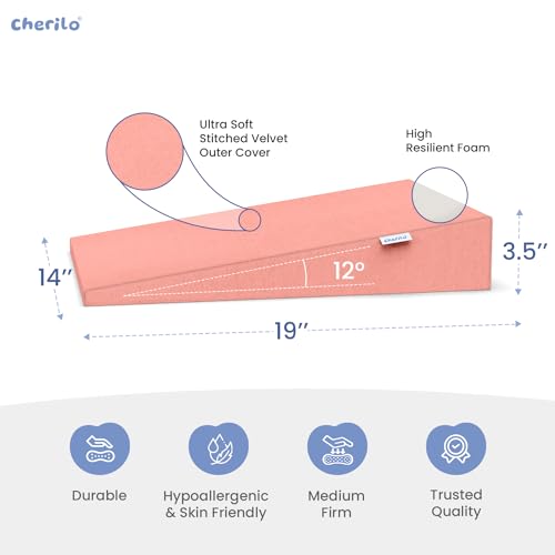 Image of Cherilo Standard Elevated Wedge Pillow for Baby Crib & Mattress, Helps to Elevate Baby for Acid Reflux, Colic, GERD, Heat Burn & Vomiting | 14 inch x 19 inch x 3.5 inch | - with Removable Velvet Cover - Peach