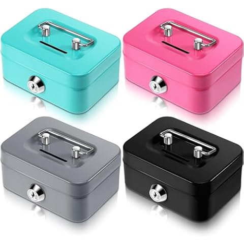 Tandefio 4 Pieces Money Box Cash Box with Lock and Slot Steel Money Organizer Piggy Bank Metal Coin Bank Gifts for Christmas Xmas New Year, Without Money Tray, 4 Colors(4.5 x 3.3 x 2 Inch) Cover