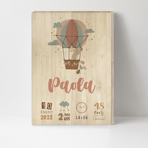 Natalicio de madera para bebés personalizado Globo Conejo con nombre, regalo para recién niños nacidos personalizado con datos de bebé nombre fecha peso nacimiento pino tamaño 20x30 (Globo Conejo)