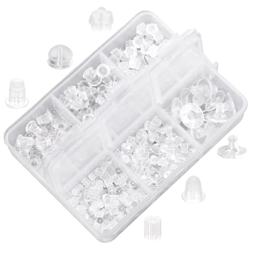 550 piezas de almohadillas de seguridad para pendientes, almohadillas de metal para aretes, tapones de silicona transparente, 6 estilos, kits de repuesto para aretes y aros