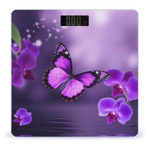 Báscula digital Purple Butterfly con cristal templado y pantalla LCD