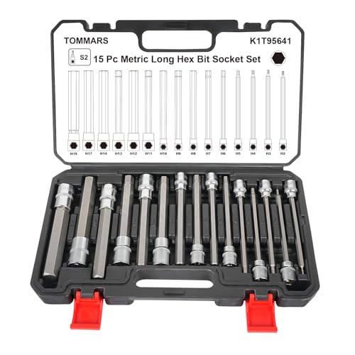 Image of TOMMARS 15-PC Metric Extra Long Hex Bit Socket Set H2-H19 | Extra Long Socket Set, H2-H19, S2 Alloy Steel, 3 /8 inch 1 /2 inch Drive