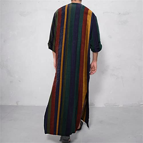 Maiyifu-GJ Men's Striped Muslim Dresses Robe Long Sleeve V Neck Side Split Kaftan Thobe Button Up Long Gown Henley Shirts4