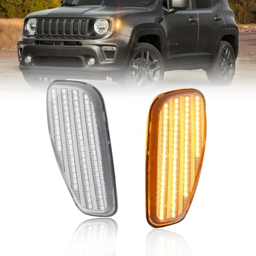 OFFKAT Front Fender LED Side Marker Lights for 2015 2016 2017 2018 2019 2020 2021 Je-ep Renegade, Clear Lens Side Bumper Marker Lamps, [Ultra-Bright] Amber LED Side Markers Turn Signal Lights, 2 PCS