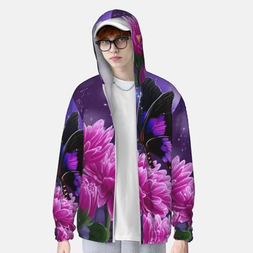 UPF 50+ Sun Protection Hoodie Rash Guard Long Sleeve Sun Shirt Purple butterfly flowers UV Shirt Full Zip Jacket4