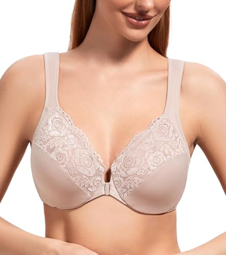 DotVol Women's Front Closure Fastening Bra Underwire Plus Size U-Back Unlined Bras for Women(Beige,46D)