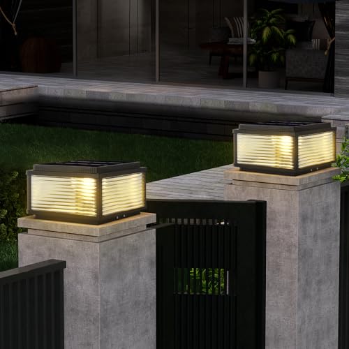 DAHGEO Outdoor Solar Column Lights Modern Tri Color Dimming Solar Post Cap Lights IP65 Waterproof Fence Deck Column Cap Light External Post Lights Aluminum Pillar Light Landscape Lighting Fixture by DAHGEO - Used condition - Image 7