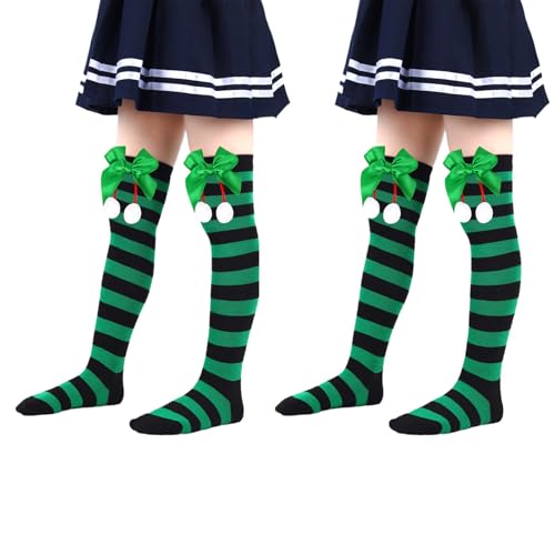 2 Pairs Kids Christmas Knee High Socks Long Striped Thigh High Socks Over the Knee Stockings with Bow