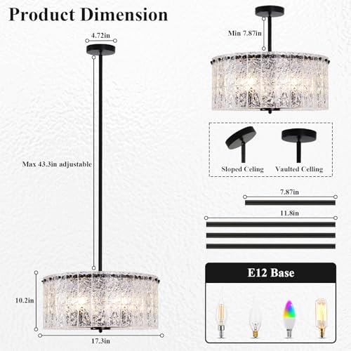 KELUOLY Black Round Crystal Chandeliers, 17.7" Farmhouse Water Ripple Glass Light Fixture, 5-Light Modern Drum Pendant Lighting Ceiling Hanging Light Fixture for Kitchen Island Dining Room Bedroom by KELUOLY - Image 3