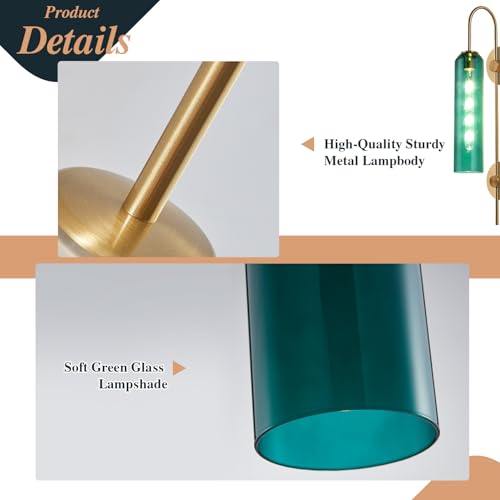 Image of BOKT Modern Gold Plug in Wall Sconce Green Glass Bedside Wall Light Fixtures Plug in Cord Mid Century Long Metal Wall Sconce Single Bathroom Bar Wall Lamp (Green)