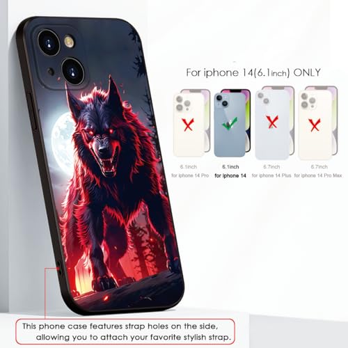 Printed with Wolf for iPhone 14 case, Under The Full Moon, The Wolf King with Untamed Power and Radiating Red Eyes - Silicone Shockproof Case (A1-Wolfs-Animal)