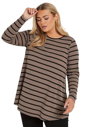Yours Curve Stripe Ribbed Long Sleeve Swing Top - Women's - Plus Size Curve Brown