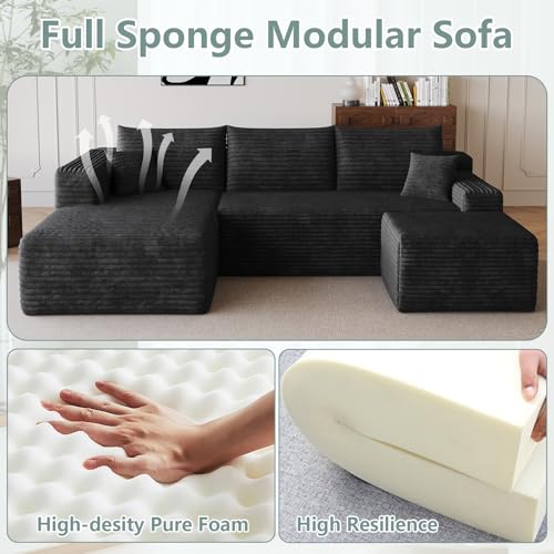 Image of 95 inch Modular Sectional Sofa with Ottoman, Modern Corduroy Cloud Couch with Deep Seat, Boneless Couch Upholstered 3-Seater U-Shaped Sofa for Living Room, No Assembly (Black,Left-Facing Chaise)